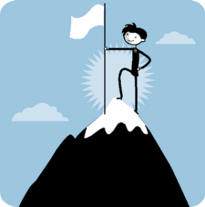 stick figure planting a flag on a mountaintop