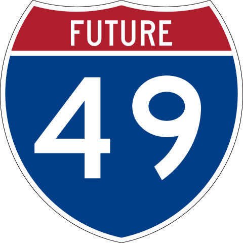 Blue and red road sign, reading "Future 49"