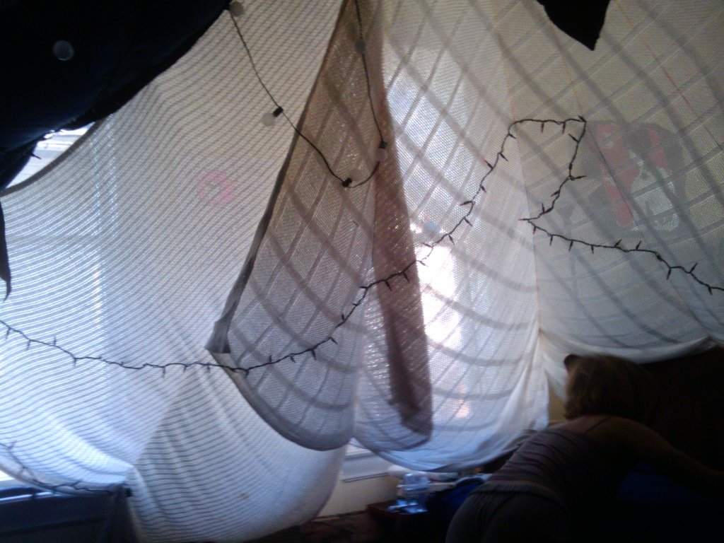 Photo taken from the inside of a blanket fort. Sunlit windows can be seen through the white blankets suspended above the camera's position, which are also adorned with stings of decorative lights.