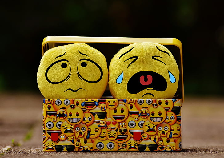 A picture of two plush emojis--one scared, one crying--in a box decorated with a wider variety of emoji faces.