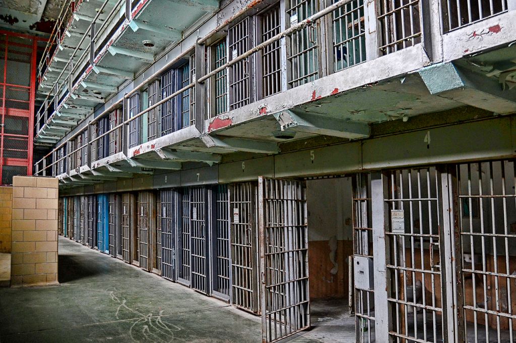 An older "grid" style prison cell block. Photographer did not cite which facility this is in.
