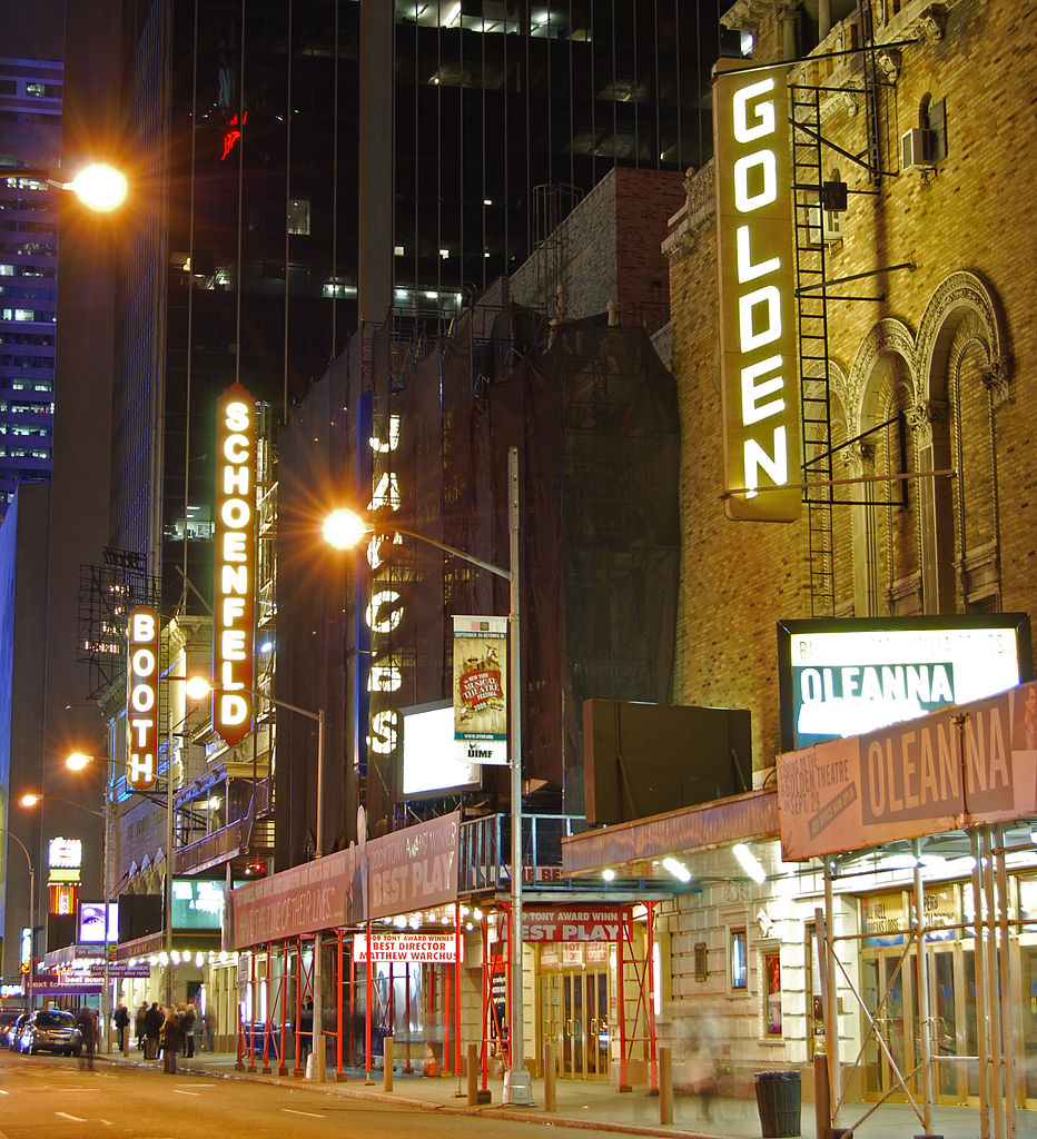 Nighttime photo of the Broadway theaters on West 45th Street (George Abbott Way) in New York City. 