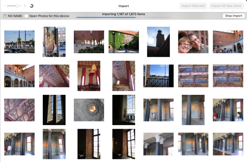 An iPhoto import screen showing the command "Importing 1,167 of 1,873 items." Below this are a series of thumbnails, mostly showing architectural and scenic features.